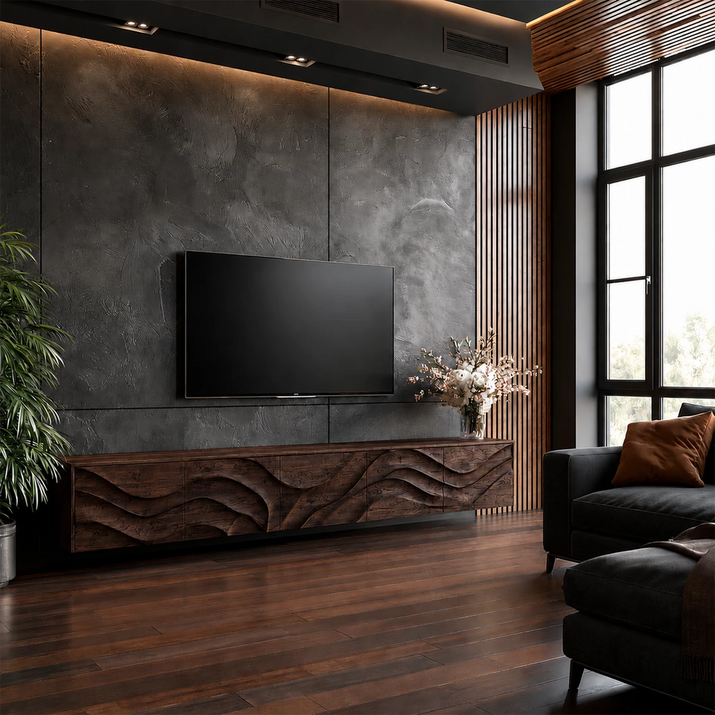 Natural Solid Wood TV Stand Sculptural Wave Modern Style