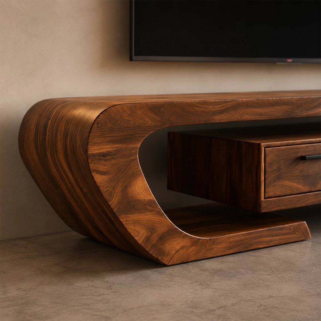 Natural Solid Wood TV Stand with Three Drawers and Sculptural Curved Base