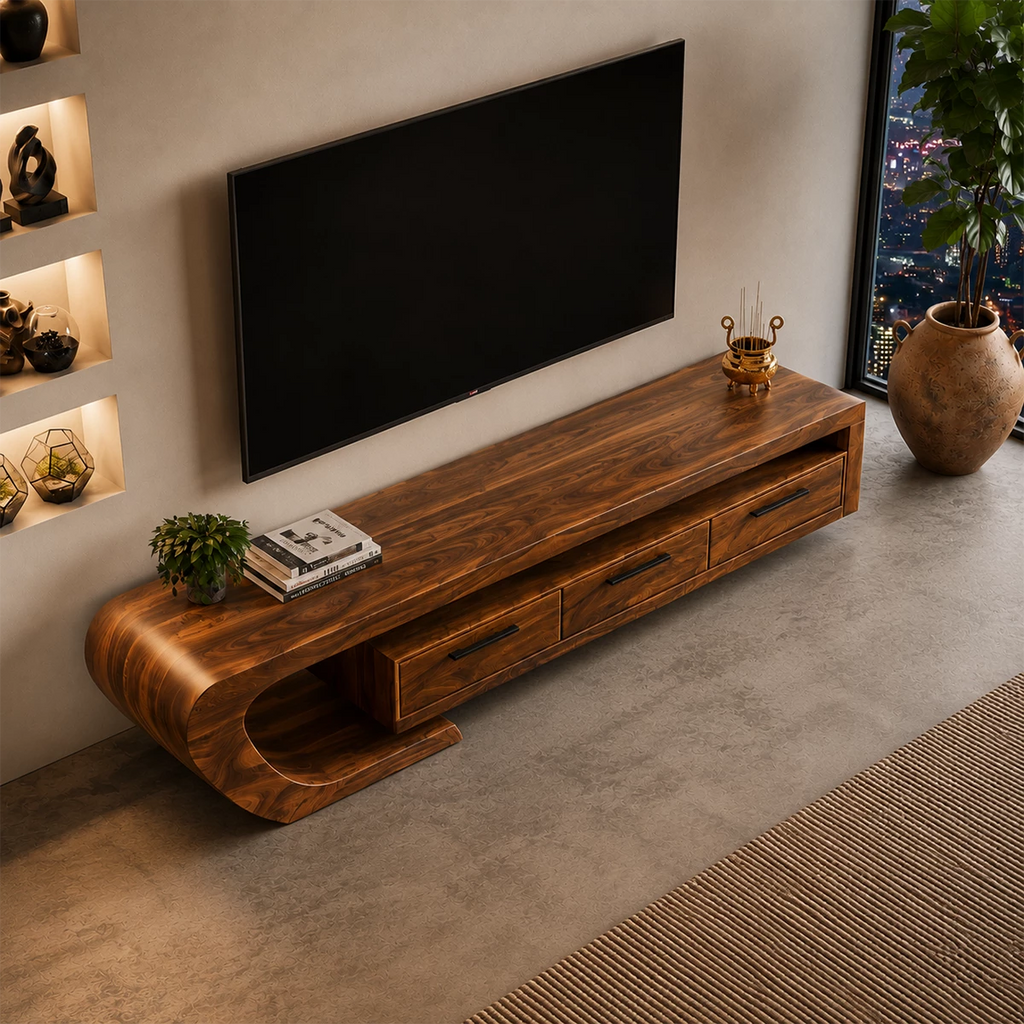 Natural Solid Wood TV Stand with Three Drawers and Sculptural Curved Base