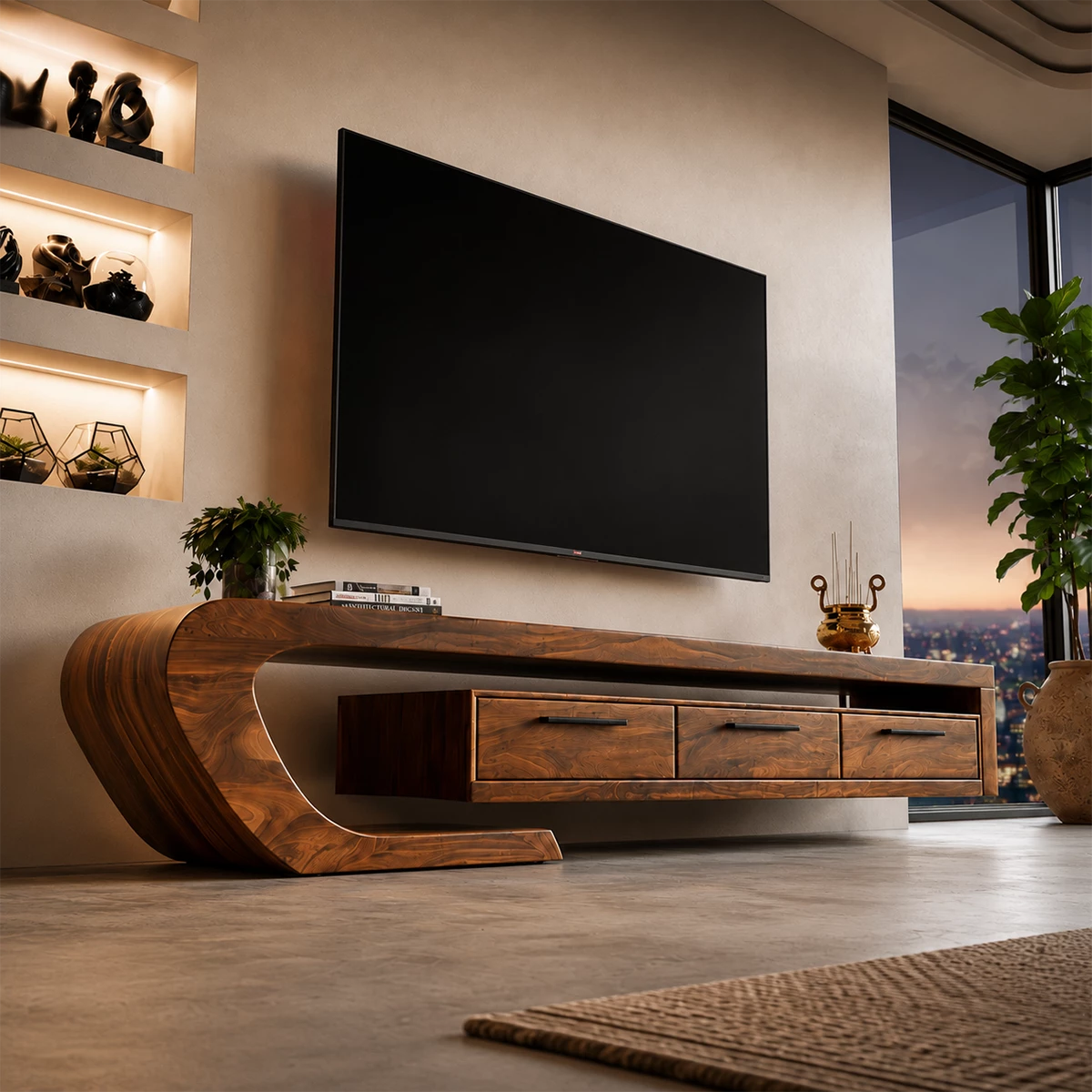 Natural Solid Wood TV Stand with Three Drawers and Sculptural Curved Base