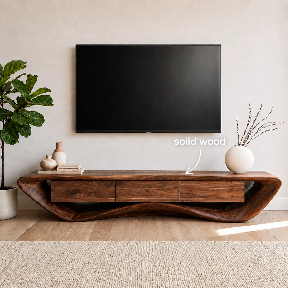 Natural Solid Wood TV Stand with Three Drawers and Sculptural Wave Base