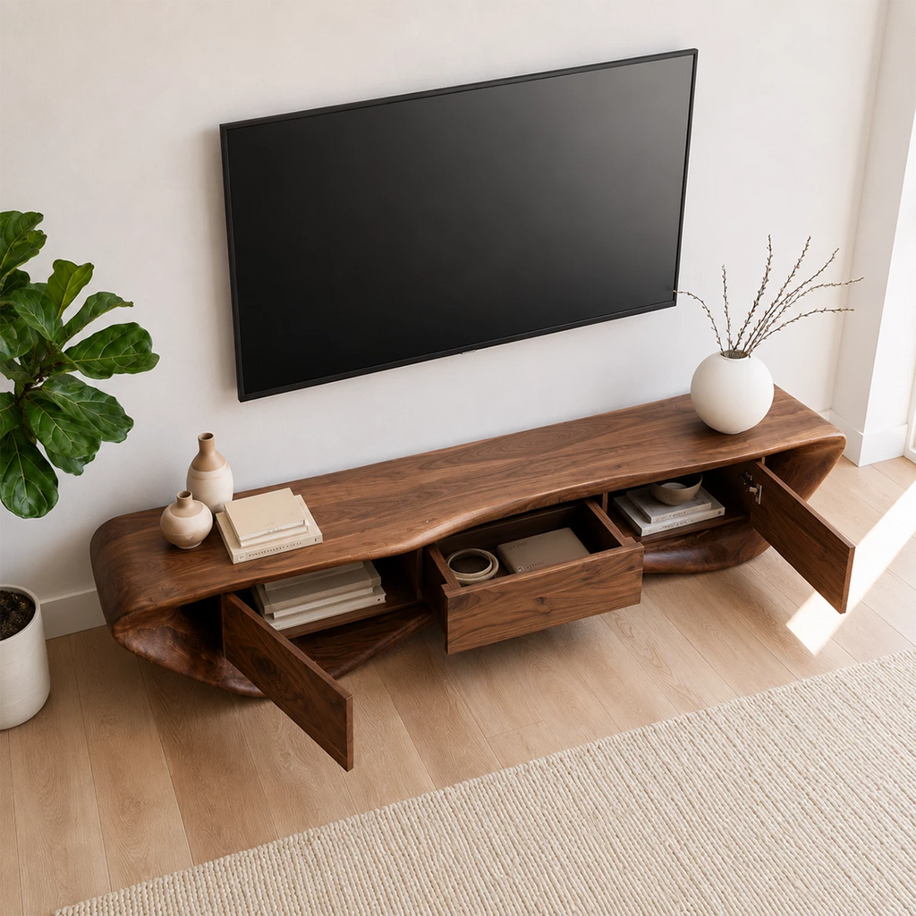 Natural Solid Wood TV Stand with Three Drawers and Sculptural Wave Base