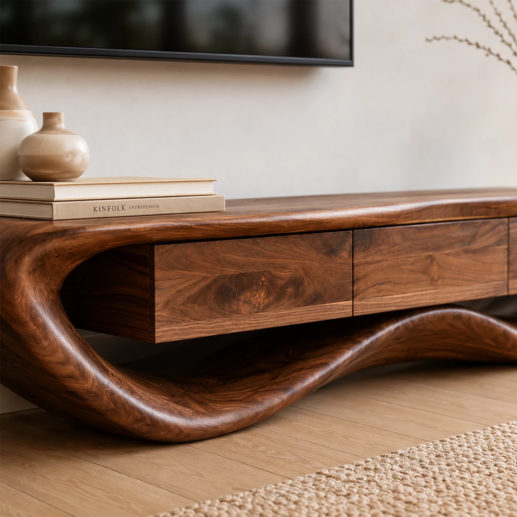 Natural Solid Wood TV Stand with Three Drawers and Sculptural Wave Base