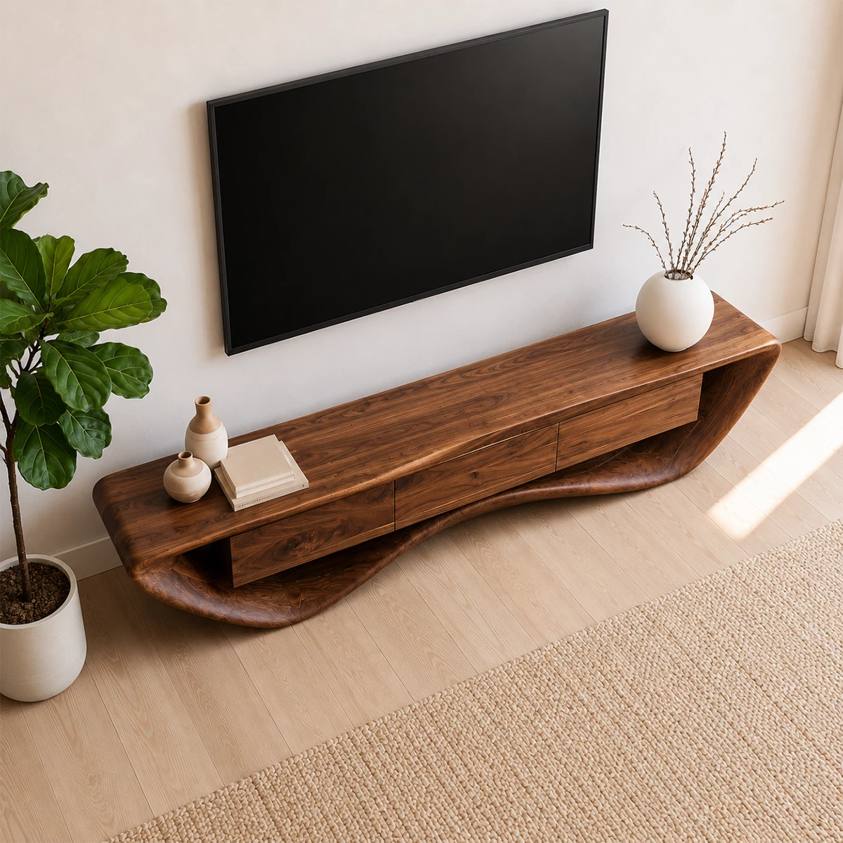 Natural Solid Wood TV Stand with Three Drawers and Sculptural Wave Base