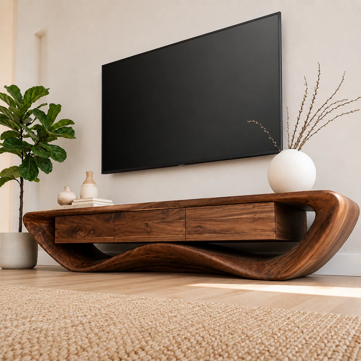 Natural Solid Wood TV Stand with Three Drawers and Sculptural Wave Base