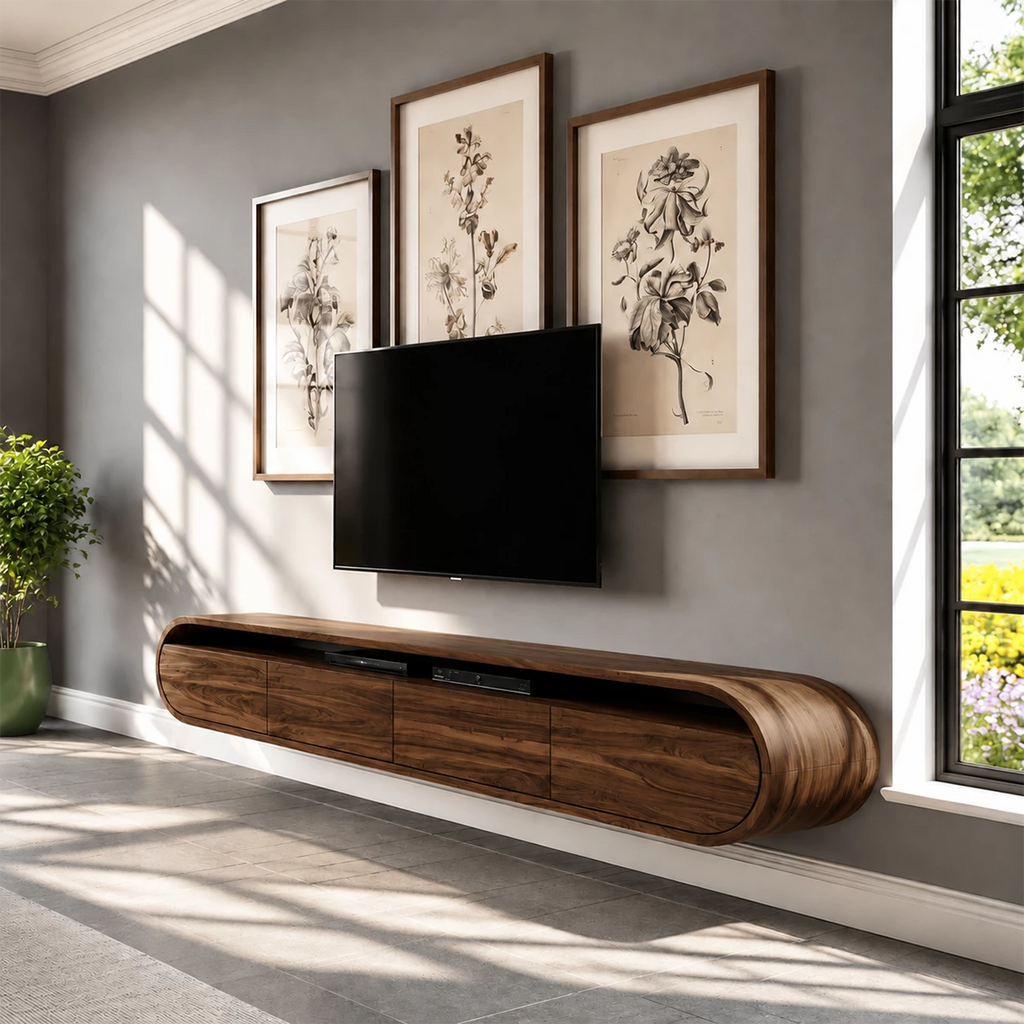 Natural Solid Wood Floating TV Stand Rounded Modern Style