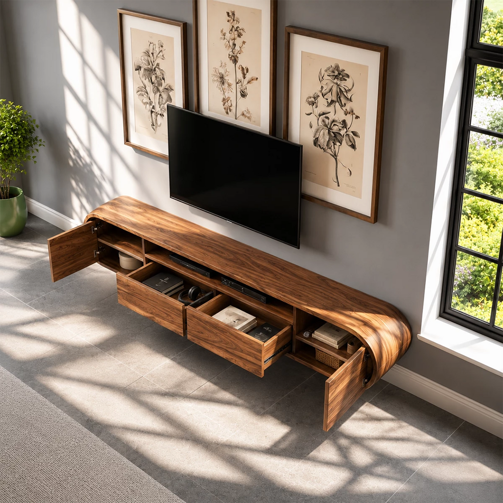 Natural Solid Wood Floating TV Stand Rounded Modern Style