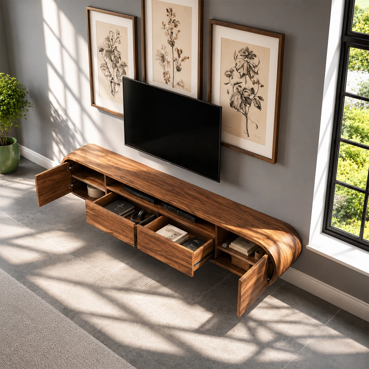 Natural Solid Wood Floating TV Stand Rounded Modern Style