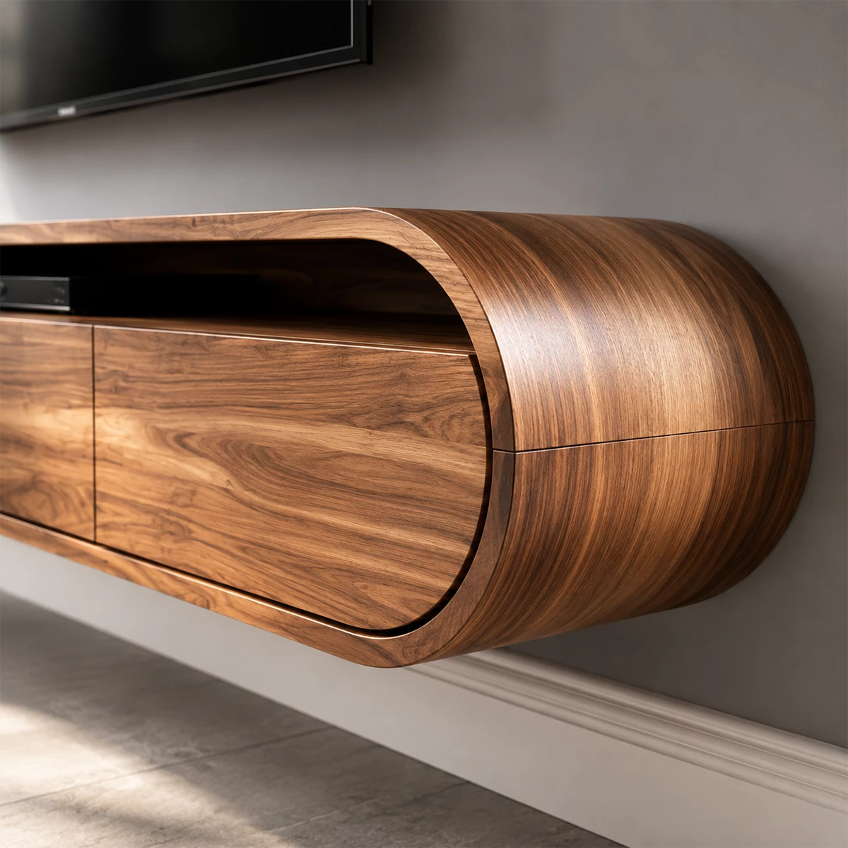 Natural Solid Wood Floating TV Stand Rounded Modern Style