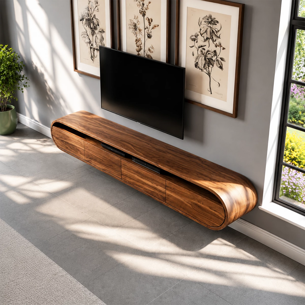 Natural Solid Wood Floating TV Stand Rounded Modern Style