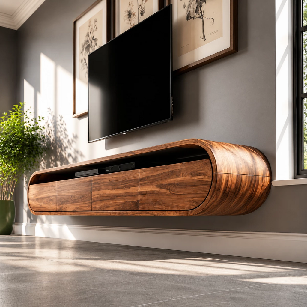 Natural Solid Wood Floating TV Stand Rounded Modern Style