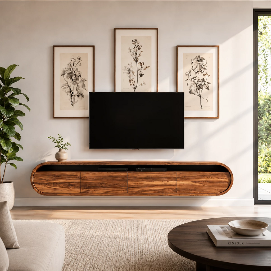 Natural Solid Wood Floating TV Stand Rounded Modern Style