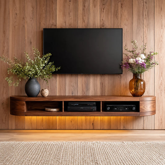 Wall Mounted Natural Solid Wood TV Stand with Open Media Storage Design - Echotimber