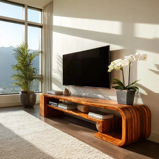 Waterfall Natural Solid Wood TV Stand with Open Display Shelves - Echotimber