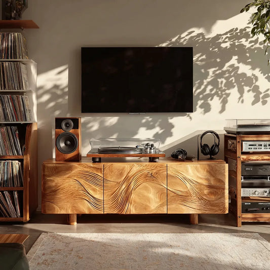 Wave Carved Natural Solid Wood TV Stand with Concealed Storage Doors - Echotimber
