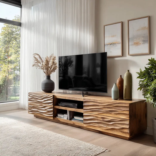 Wave Carved Natural Solid Wood TV Stand with Open Center Storage - Echotimber