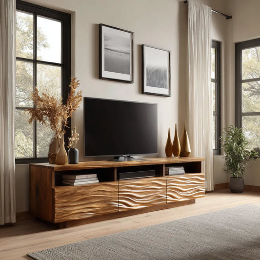 Wave Carved Natural Solid Wood TV Stand with Open Shelf Storage - Echotimber