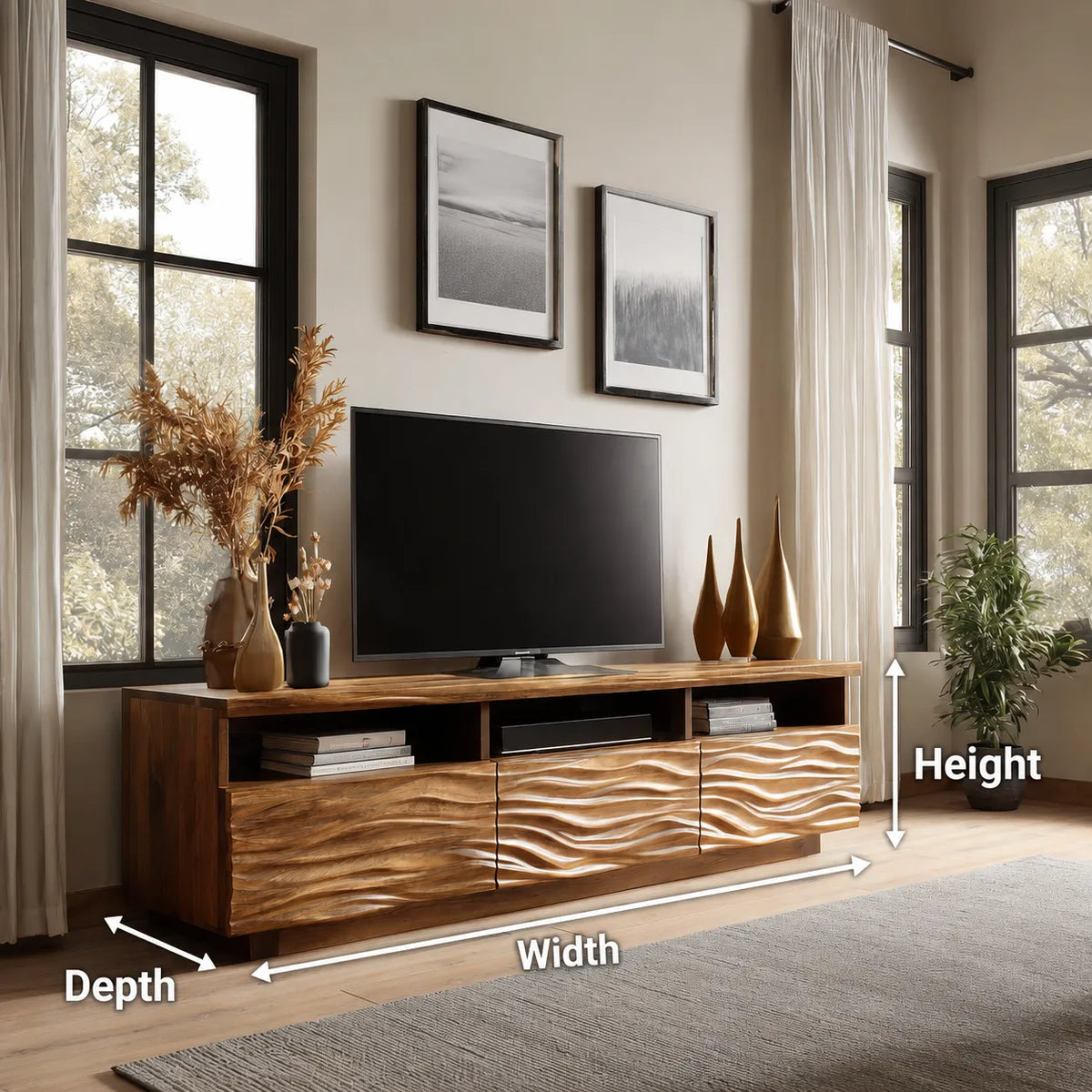 Wave Carved Natural Solid Wood TV Stand with Open Shelf Storage - Livewoodcraft - 10