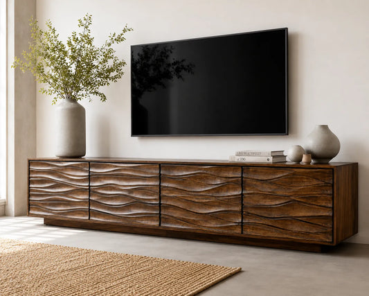 Wave Front Natural Solid Wood TV Stand with Sculpted Storage Design - Echotimber