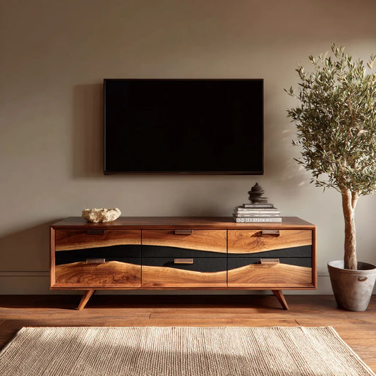 Wave Front Natural Solid Wood TV Stand with Six Drawer Storage - Echotimber