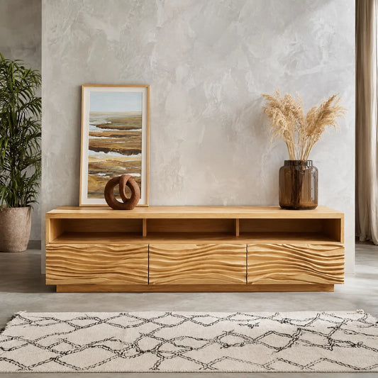 Wave Front TV Stand with Sculpted Storage and Open Display Shelf - Echotimber