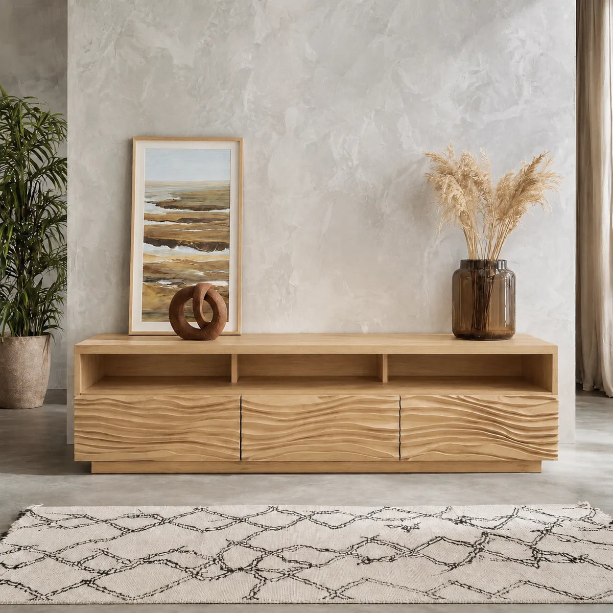 Wave Front TV Stand with Sculpted Storage and Open Display Shelf - Livewoodcraft - 13