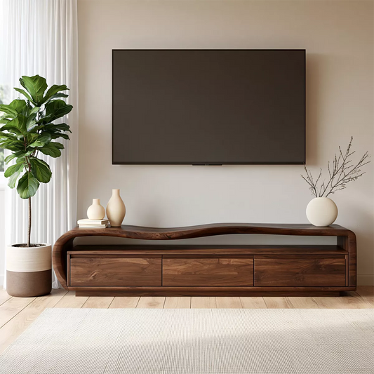 Wave Top Solid Wood TV Stand With Curved Side Frame And Hidden Drawer Storage For Living Room - Echotimber