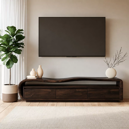 Wave Top Solid Wood TV Stand With Curved Side Frame And Hidden Drawer Storage For Living Room - Livewoodcraft - 2