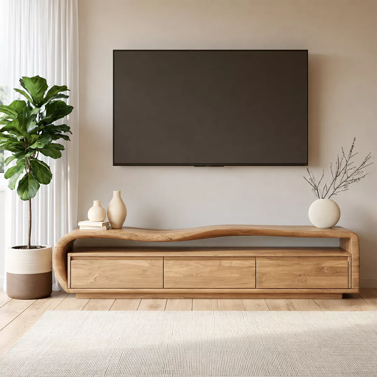 Wave Top Solid Wood TV Stand With Curved Side Frame And Hidden Drawer Storage For Living Room - Livewoodcraft - 4
