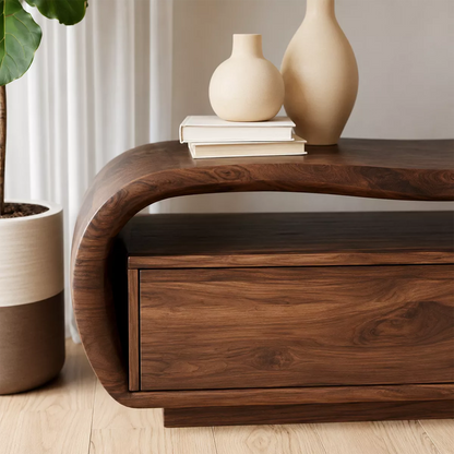 Wave Top Solid Wood TV Stand With Curved Side Frame And Hidden Drawer Storage For Living Room - Livewoodcraft - 5