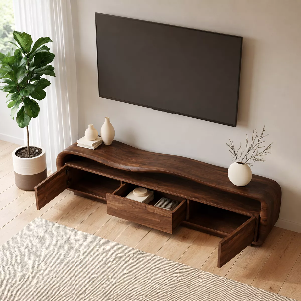 Wave Top Solid Wood TV Stand With Curved Side Frame And Hidden Drawer Storage For Living Room - Livewoodcraft - 6