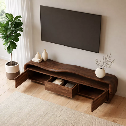 Wave Top Solid Wood TV Stand With Curved Side Frame And Hidden Drawer Storage For Living Room - Livewoodcraft - 6
