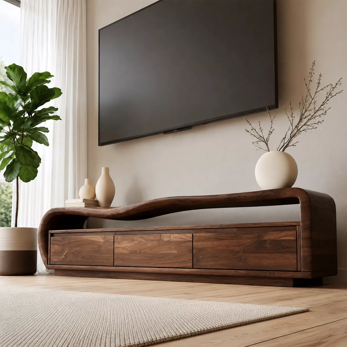 Wave Top Solid Wood TV Stand With Curved Side Frame And Hidden Drawer Storage For Living Room - Livewoodcraft - 7