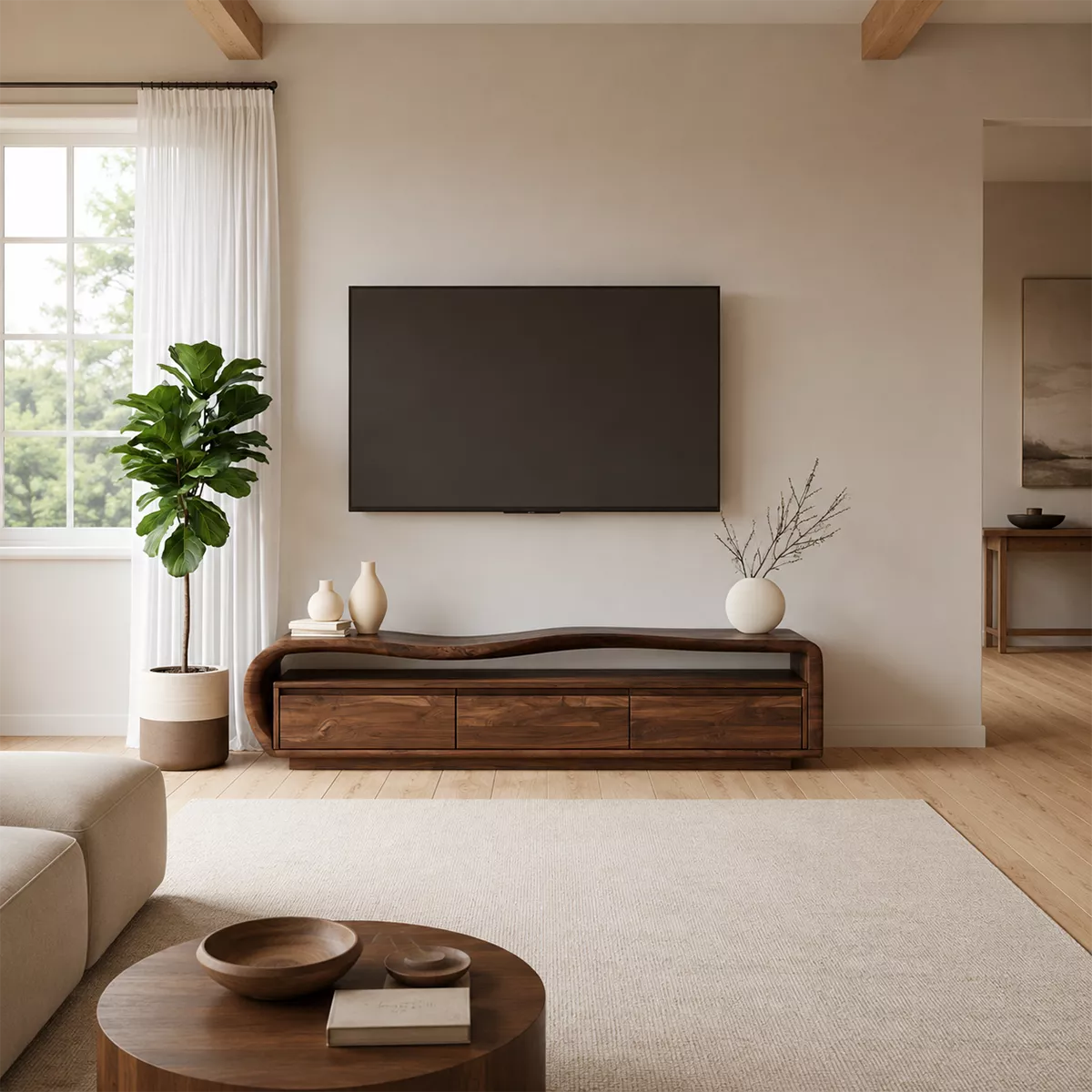 Wave Top Solid Wood TV Stand With Curved Side Frame And Hidden Drawer Storage For Living Room - Livewoodcraft - 8