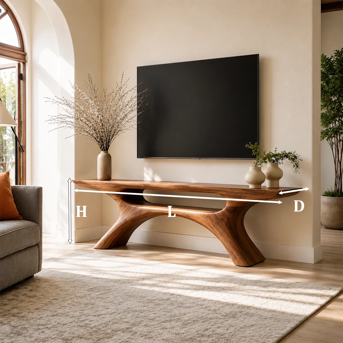 Natural Solid Wood TV Stand with Open Media Shelf and Sculptural Branch Base
