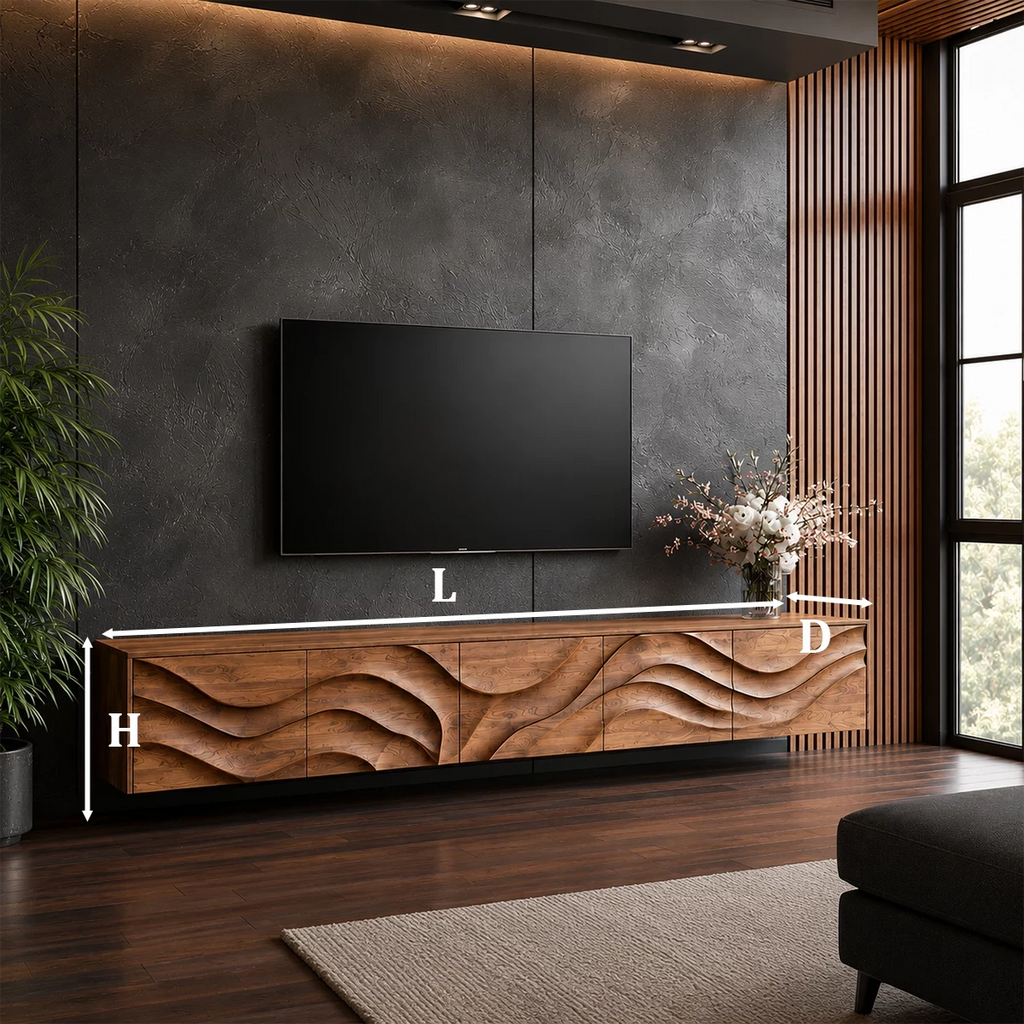 Natural Solid Wood TV Stand Sculptural Wave Modern Style