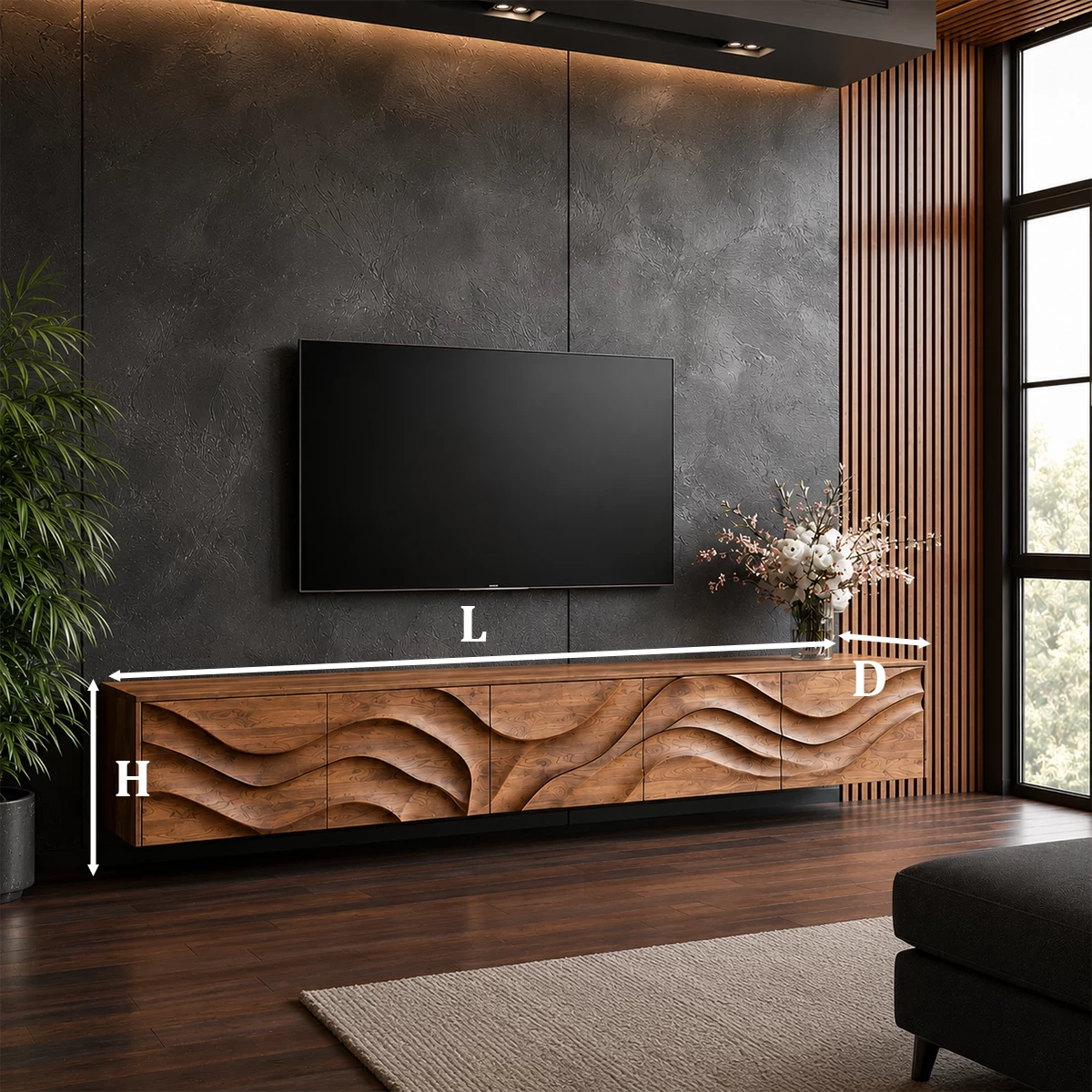 Natural Solid Wood TV Stand Sculptural Wave Modern Style
