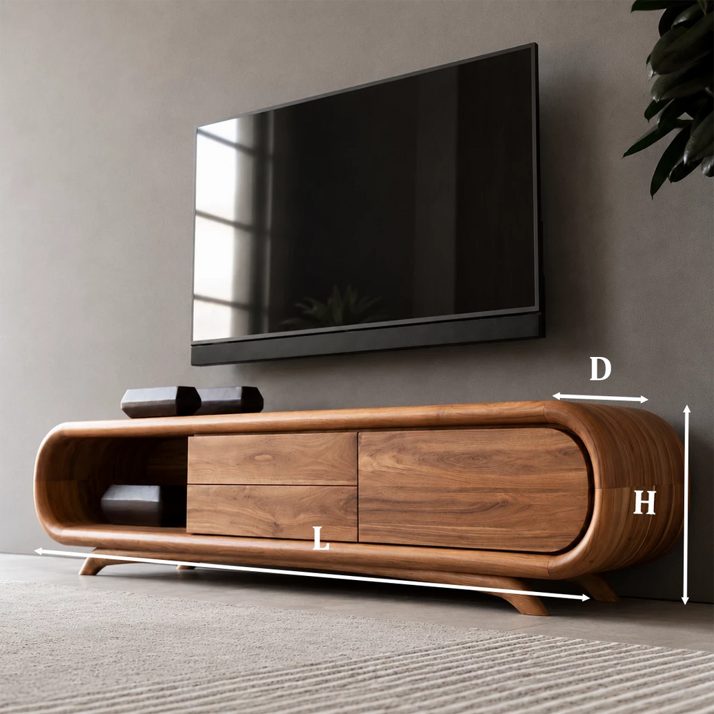 Natural Solid Wood TV Stand Rounded Modern Style