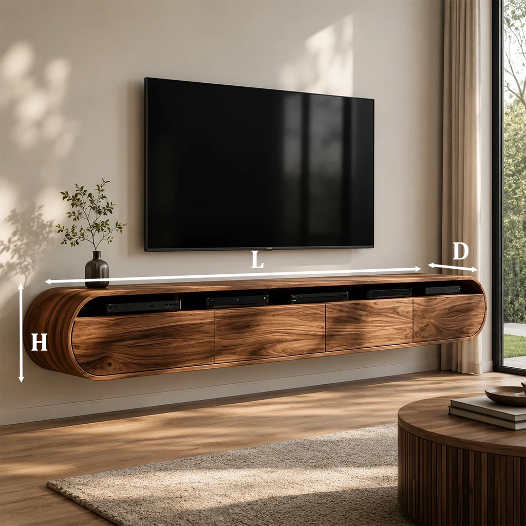 Natural Solid Wood Floating TV Stand Rounded Contemporary Style