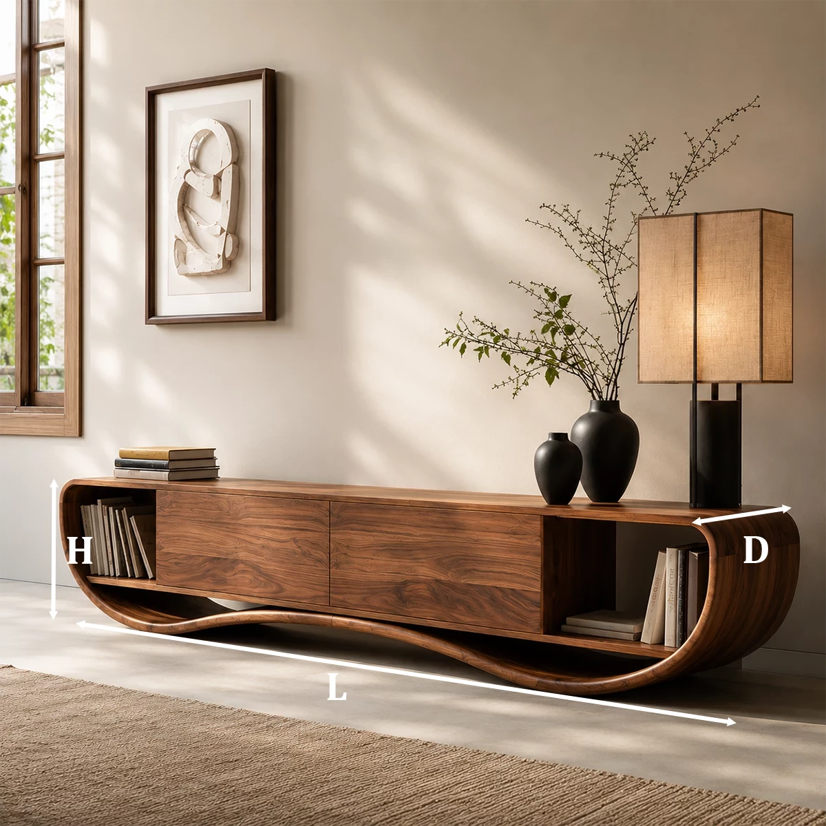 Natural Solid Wood TV Stand Curved Loop Modern Style