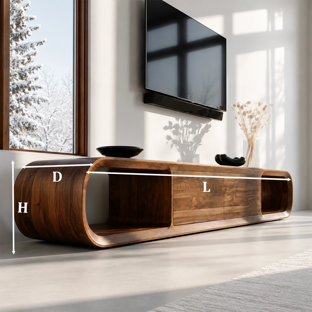 Natural Solid Wood TV Stand with Two Cabinets and Rounded Open Side Shelves