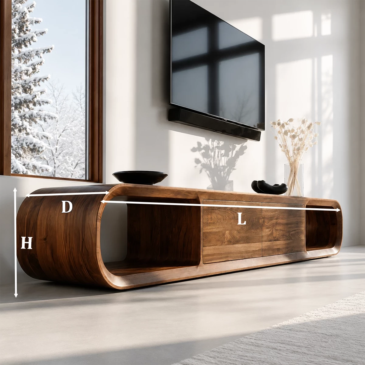 Natural Solid Wood TV Stand with Two Cabinets and Rounded Open Side Shelves