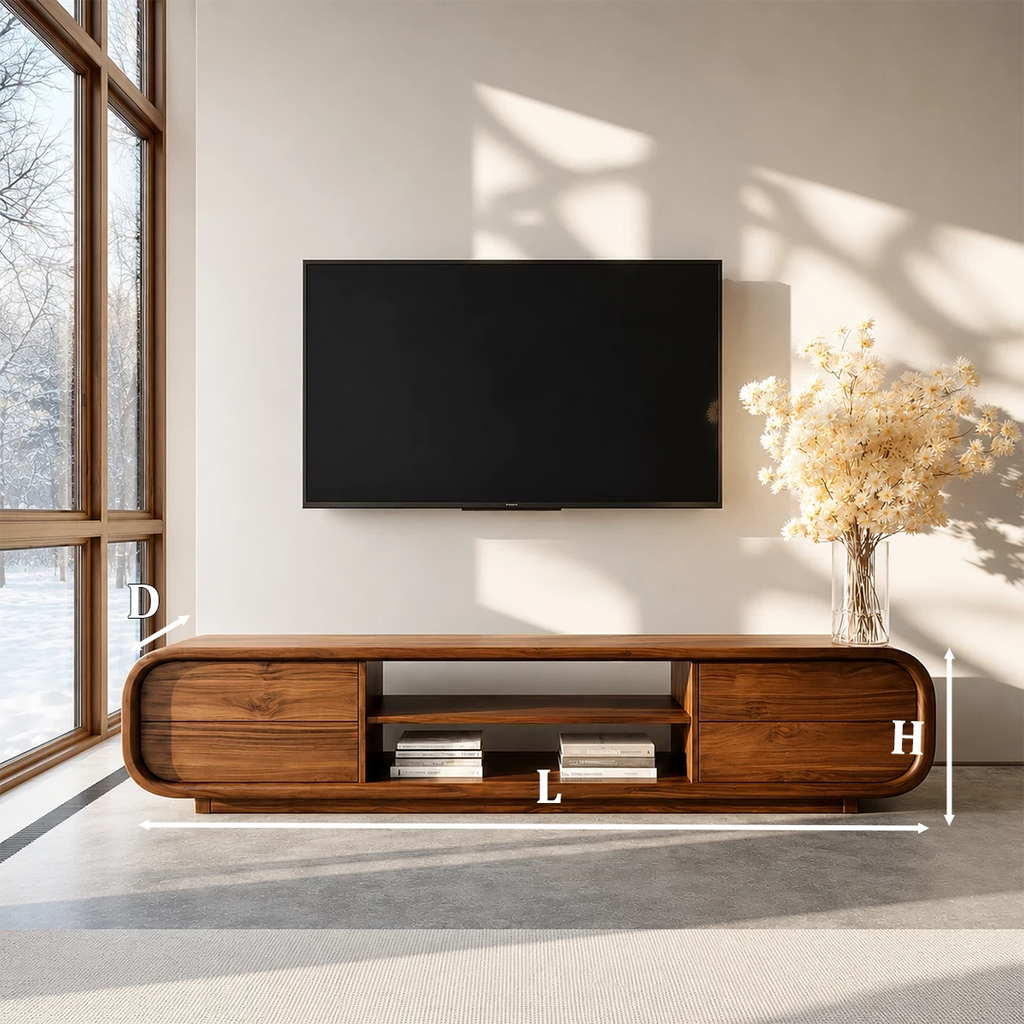 Natural Solid Wood TV Stand with Two Side Cabinets and Central Open Shelf