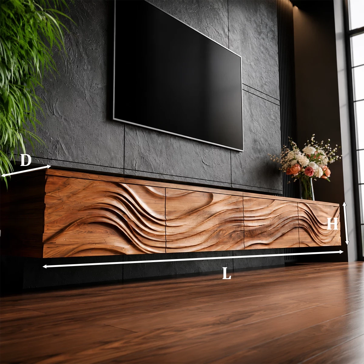 Natural Solid Wood Floating TV Stand Sculptural Modern Style
