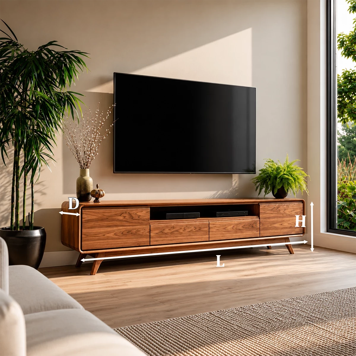 Natural Solid Wood TV Stand with Two Drawers, Side Cabinets and Open Shelf