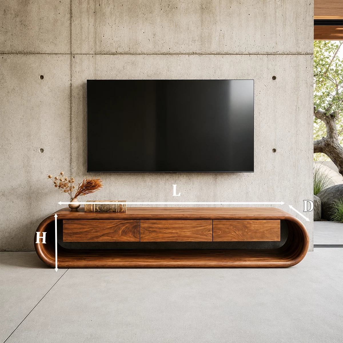 Natural Solid Wood TV Stand Sculptural Loop Modern Style